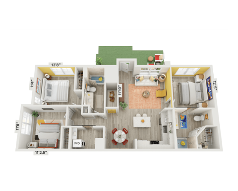 Floor plan for 3 beds, 2 baths, 1171 sqft